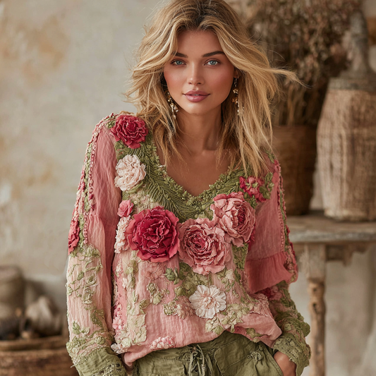 Women's Vintage Floral Art V-neck Shirt 3f1a