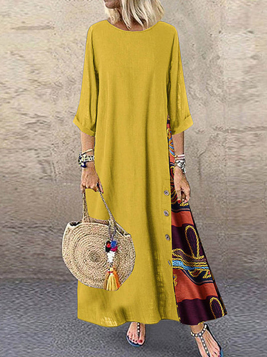 Women's Retro Floral Contrast Button Patchwork Cotton And Linen Casual Dress