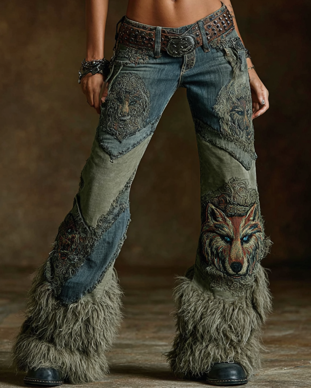 Women's Spring Viking-Inspired Embroidered Faux Fur Patchwork Design Trousers 1197