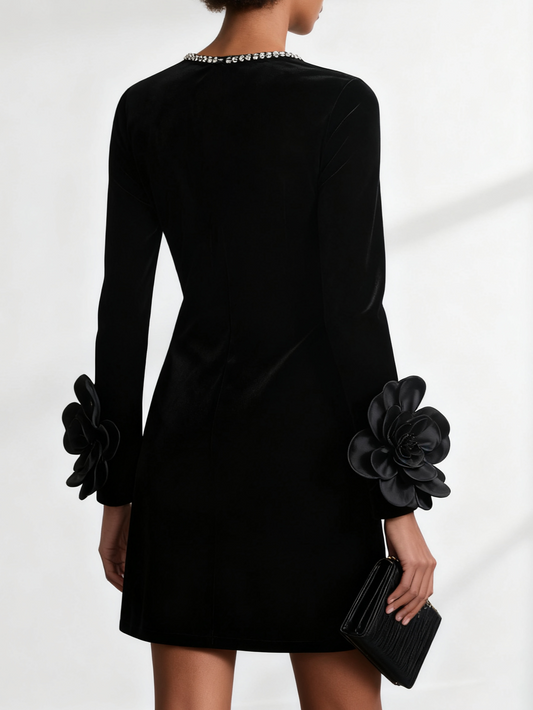 Black 3D Floral Rhinestone Velvet Crew Neck Long Sleeve Sheath Mini Dress