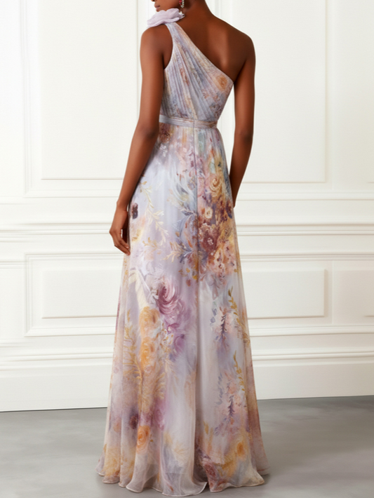 Light Purple 3D Floral Chiffon One Shoulder Sleeveless A-Line Floor-length Gown Dress