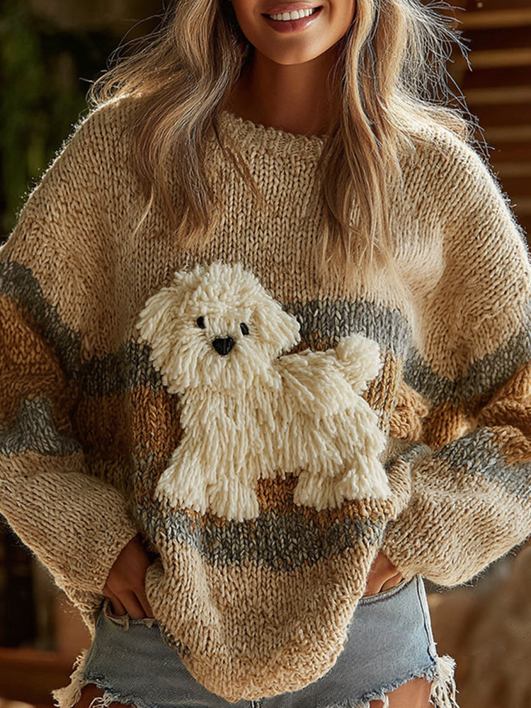 Vintage Yarn Dog Felt In Gradient Art Inspired Embroidered Cozy Knit Sweater