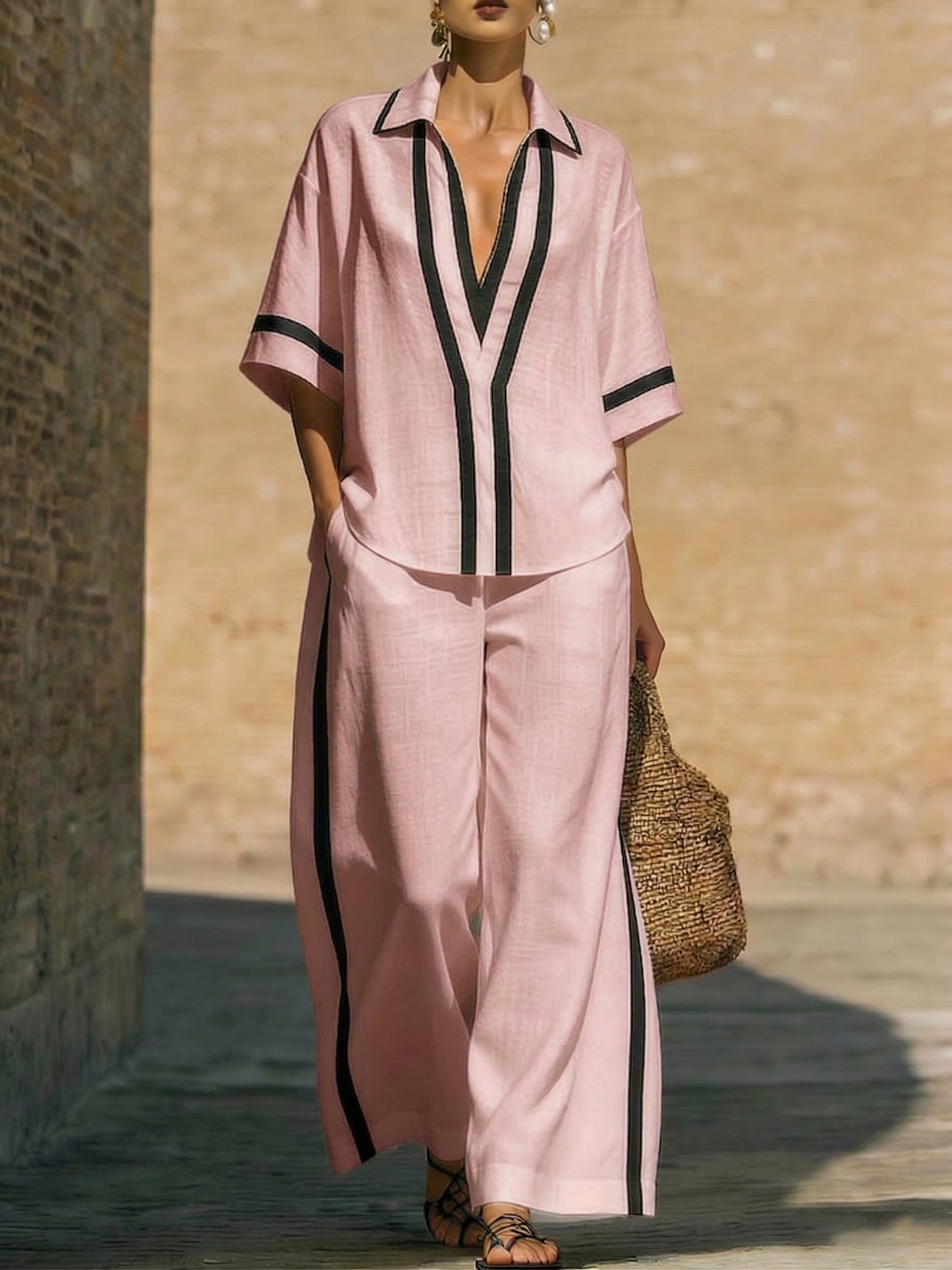 Stylish Trimmed Edge Color-blocked Cotton Linen Two-piece Set