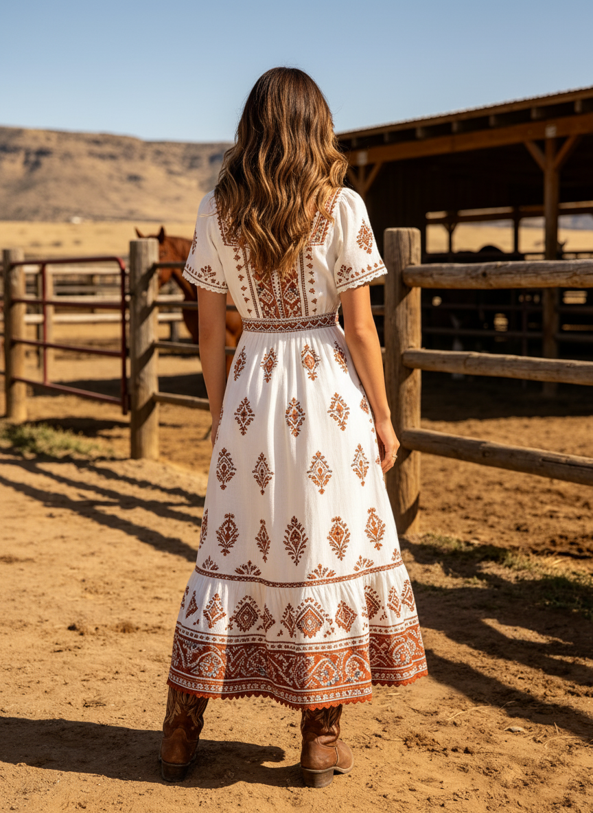 Women's Western Cowboy Boho Maxi Dress With Square Neck
