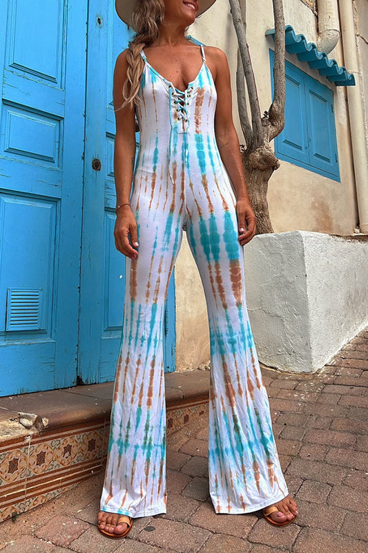 Beale Tie-dye Print Front Lace-up Stretch Flare Jumpsuit