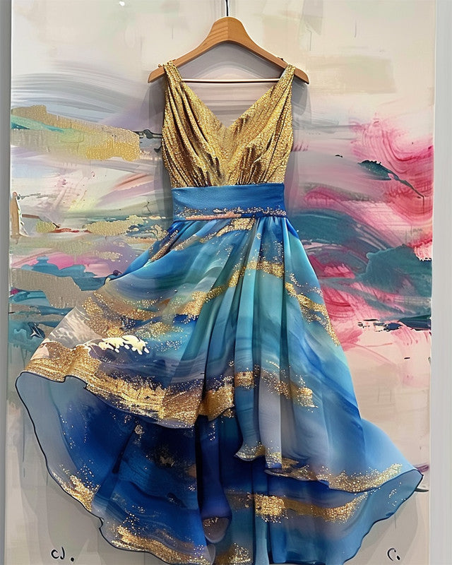 Summer vacation handmade gilded chiffon dress f149