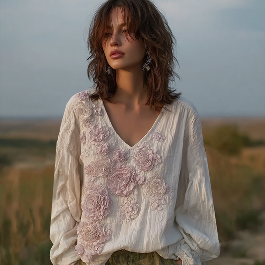 Bohemian Style Pink Floral Design V-neck Long-sleeve Top
