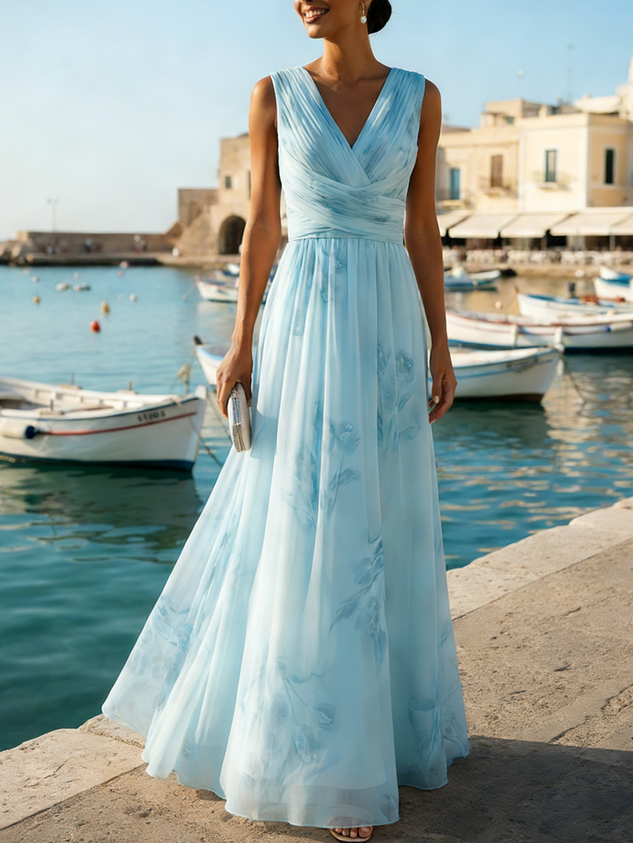 Light Pink Floral Ruched Chiffon V Neck Sleeveless A-Line Floor-length Gown Dress
