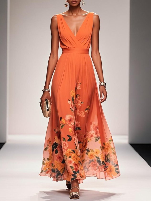Navy Blue Floral Mesh V Neck Sleeveless A-Line Maxi Dress