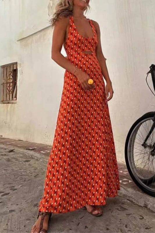 Geometric Print Halter U-Neck Cutout Cross-Back Flowy Maxi Dress