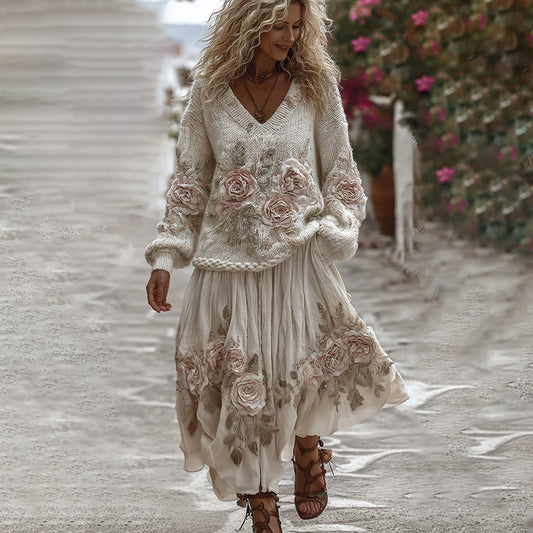 Classic Rose Art Cozy Knit V Neck Sweater And Linen Skirt Two-piece Set