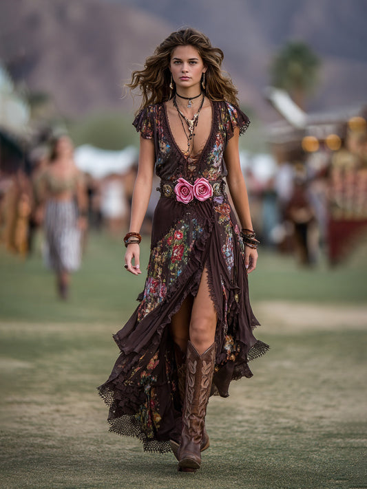 Boho Floral Print Chiffon Maxi Dress With Deep V-Neck And High Slit For Women