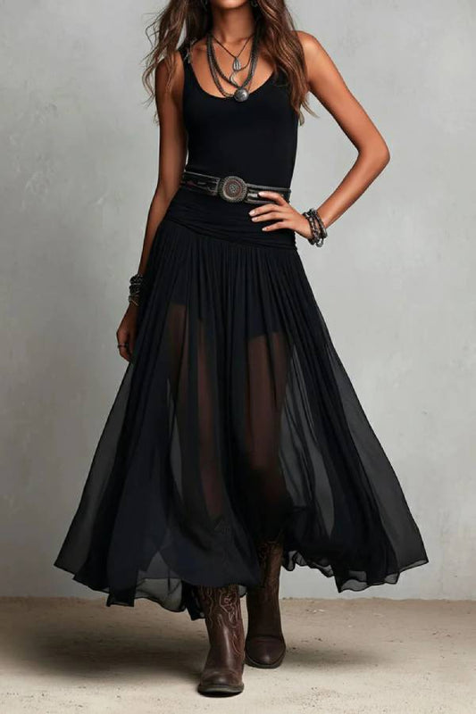 Black Sleeveless Tank Top With Tulle Skirt Maxi Dress