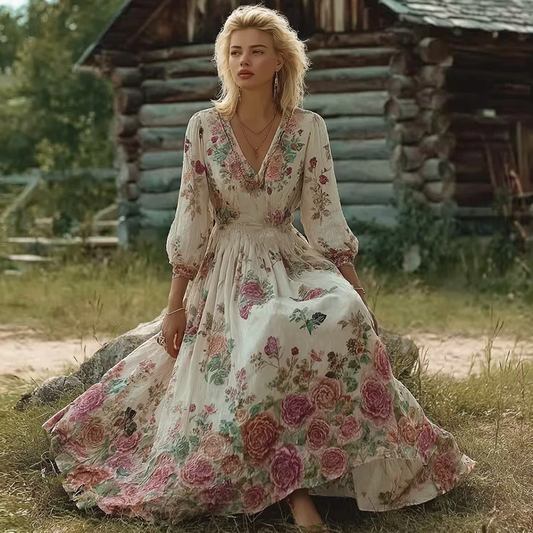 Bohemian Style Floral Butterfly Pattern Women's V-neck Dress