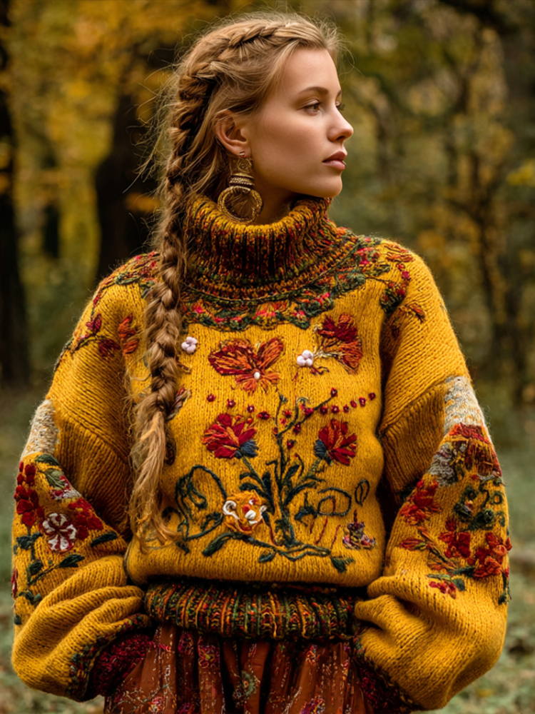 Women's Autumn And Winter Meillard Style And Bohemian Style Plant Flower Embroidery High Neck Thick Sweater