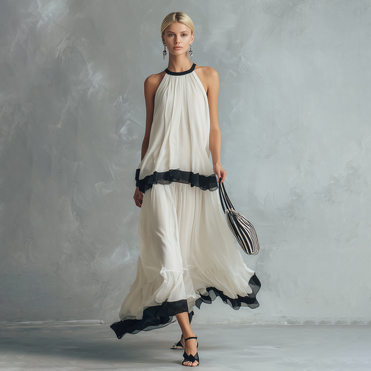 Elegant Minimalist Colour-blocked Ivory Chiffon Halter-neck Top And Maxi Skirt Ensemble
