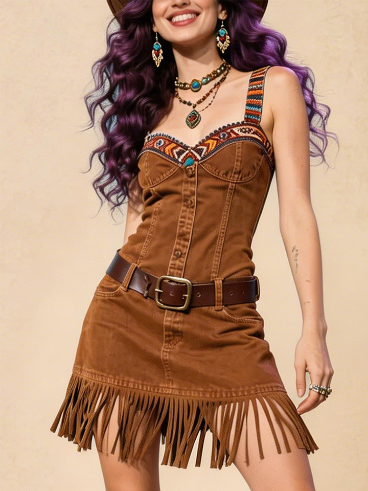 Faux Suede Fringe Dress With Embroidered Strap And Button Front Design
