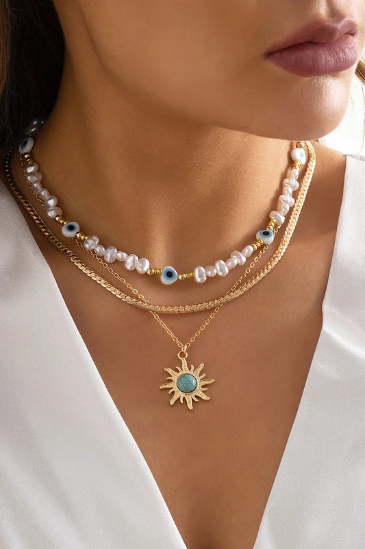 Beads Chain Tribal Sun Decor Pearl Layered Vintage Necklace