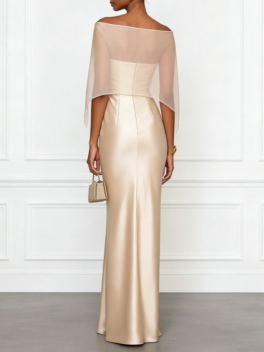 Champagne 3D Floral Satin Boat Neck Short Sleeve Sheath Gown Dress with Capelet