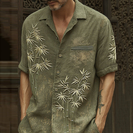 Men's Vintage Bamboo Embroidery Art Short Sleeve Linen Blend Shirt