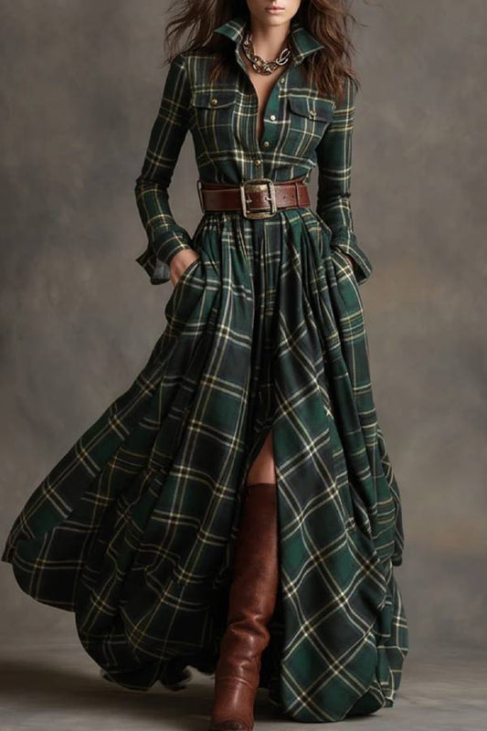 French retro waist long sleeve chiffon dress