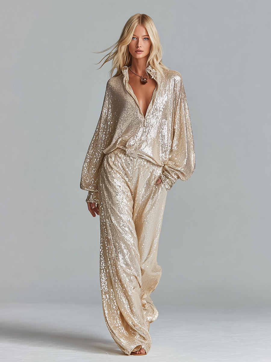 Women's Champagne Sequin Wide-Leg Pants With Elastic Waist & Side Pockets, Timeless Party-Glam Style Pants MDZ1641D4LYL