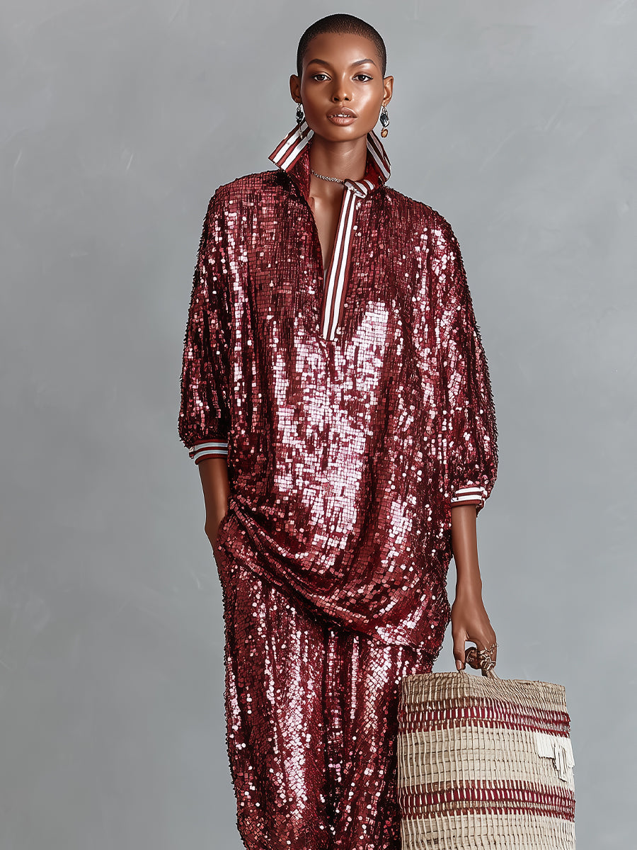 Women's Burgundy Sequin Harem Pants With Elastic Waist & Tapered Ankle, Timeless Party-Glam Style Pants MDZ1663D2LYL