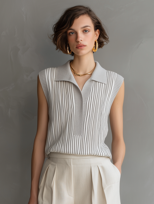 Women's Minimalist Sleeveless Striped Knit Top And Shorts Set MDZ1051D6Y