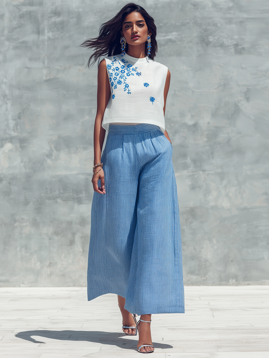 Women's Minimalist Crew-Neck Sleeveless Embroidered Blouse MDZ1328D9Y