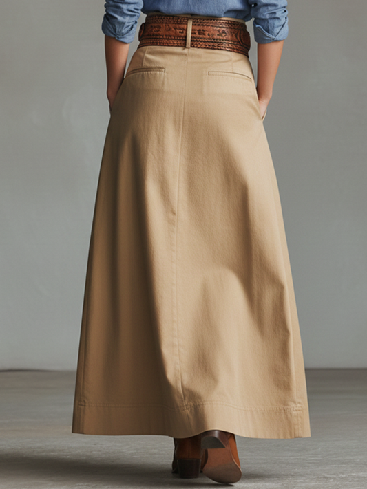 Women's Casual Khaki Cotton Blend A-line Long Skirt (Belt Not Included) MDZ1413D6GMJ