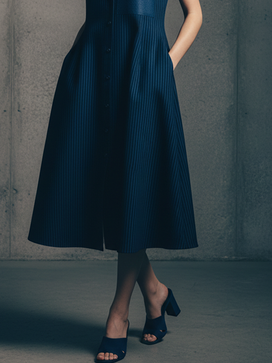 Women's Minimalist Navy And White Striped Cotton Blend Sleeveless Shirt Dress With Leather Detailing MDZ1757D4GMJ