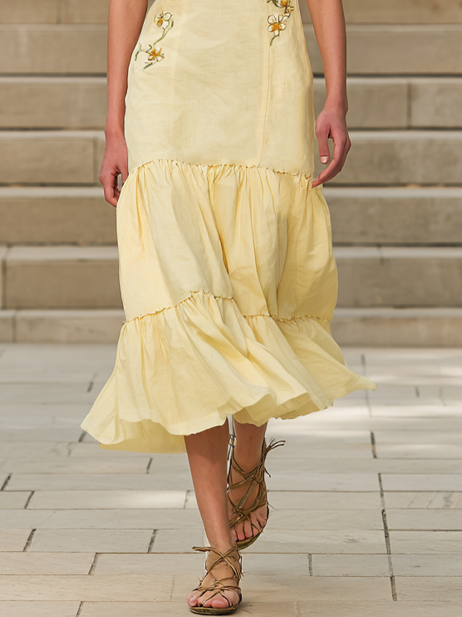 Women's Pastoral Pale Yellow Linen-Cotton Embroidered Square Neck Tiered Maxi Dress MDZ2032D1GMJ