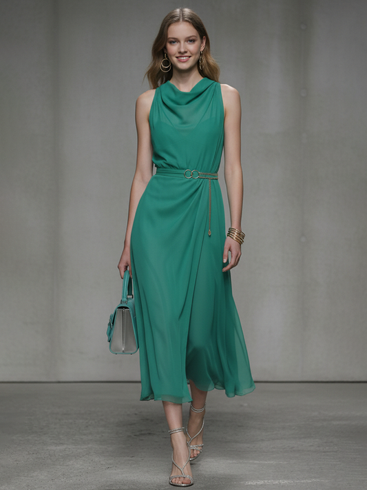 Women's Fashion Emerald Green Chiffon Sleeveless Midi Dress (Belt Not Included) MDZ2206D6GMJ