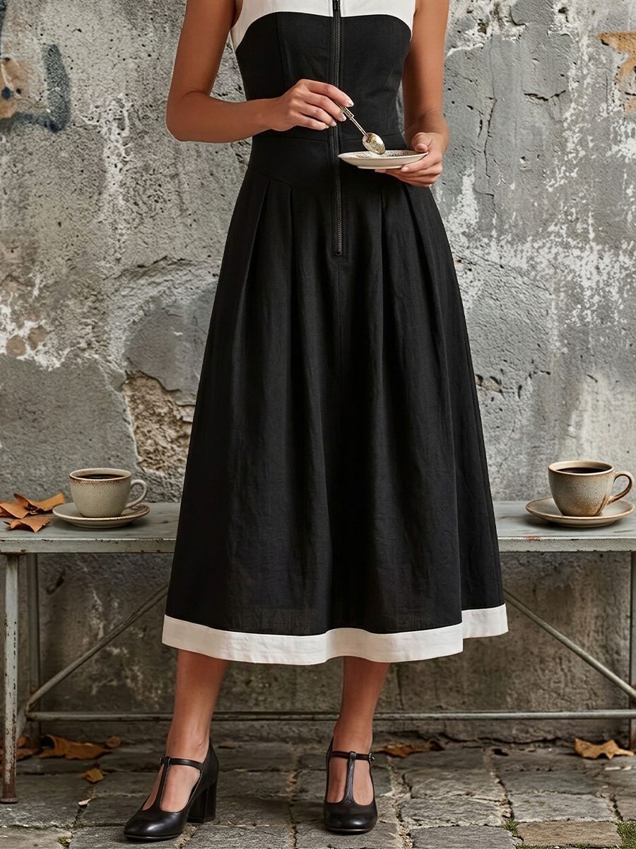 Women's Black & White Linen-Blend Midi Dress With Contrast Trim & Front Zipper, Timeless Retro-Chic Style Dress MDZ2118D9LYL