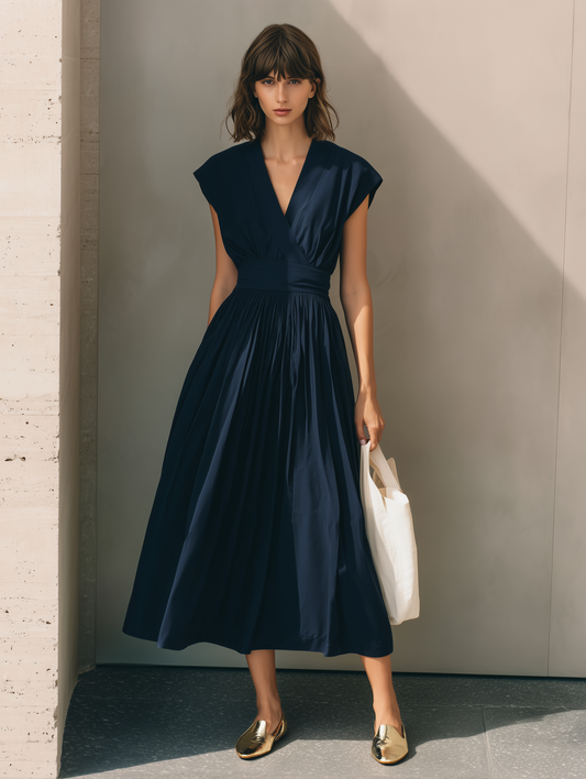 Women's Modern Minimalist French-Style Elegant Dress ¡ª V-Neck, X-Silhouette, Cinched Waist, Deep Navy Blue MDZ2136D9ZJW