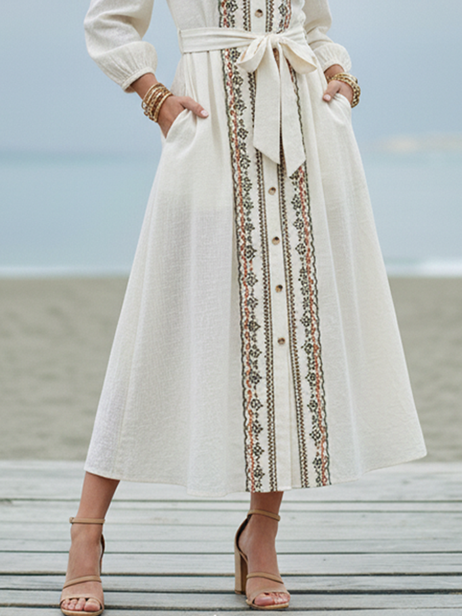 Women's Bohemian Off-White Linen-Cotton Embroidered Tie-Waist Maxi Dress MDZ2193D1GMJ