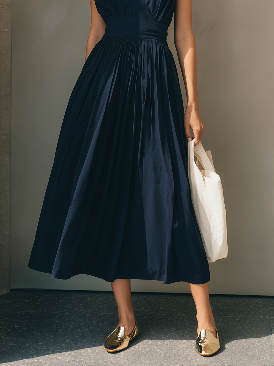 Women's Modern Minimalist French-Style Elegant Dress ¡ª V-Neck, X-Silhouette, Cinched Waist, Deep Navy Blue MDZ2136D9ZJW