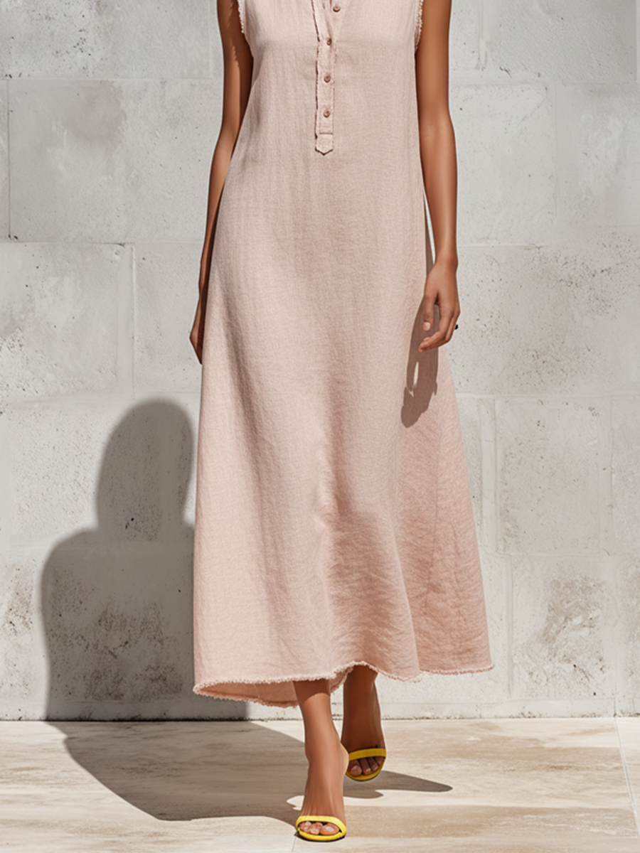 Women's Blush Pink Linen-Blend Maxi Dress With Frayed Trim & Henley Neck, Timeless Minimalist-Chic Style Dress MDZ2242D0LYL