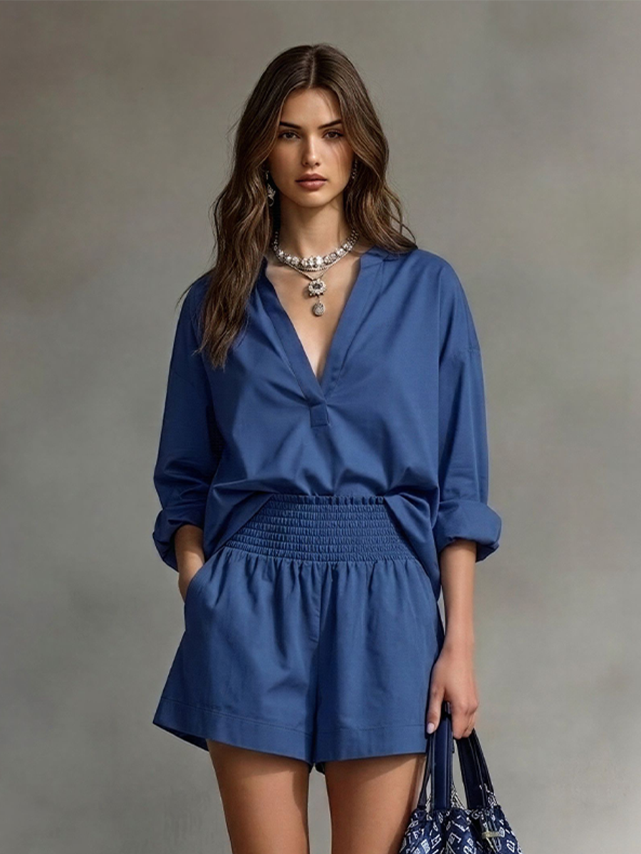 Women's Blue Cotton-Blend Two-Piece Set With V-Neck Tunic & Smocked Waist Shorts, Timeless Casual-Chic Outfit MDZ2238D2LYL