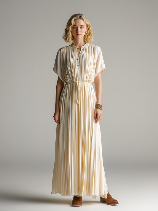 Women's Minimalist & Elegant Pleated Maxi Dress ¡ª Off-White, Short Sleeve MDZ2202D7ZJW