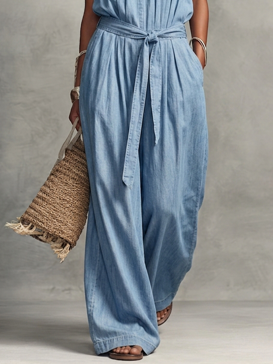 Women's Casual Light Blue Denim-Look Halter V-Neck Tie-Waist Wide-Leg Jumpsuit MDZ2269D0GMJ