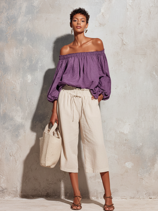 Women's Casual Style Purple Cotton And Linen Off-Shoulder Long Lantern Sleeve Top And White Cotton And Linen Capri Pants Set MDZ2279D4GMJ