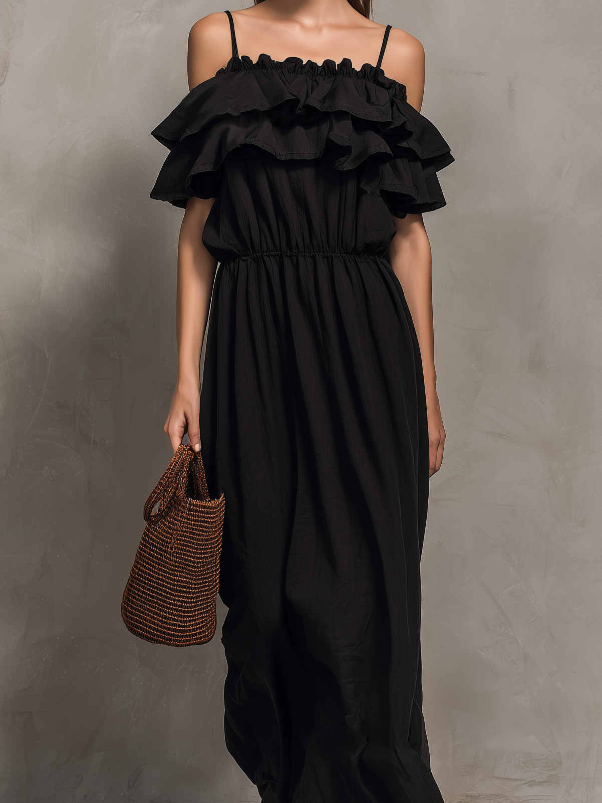 Women's Casual Black Cotton-Linen Maxi Dress ¡ª Strappy, Ruffled, Strapless-Style, Sleeveless MDZ2332D4LXY