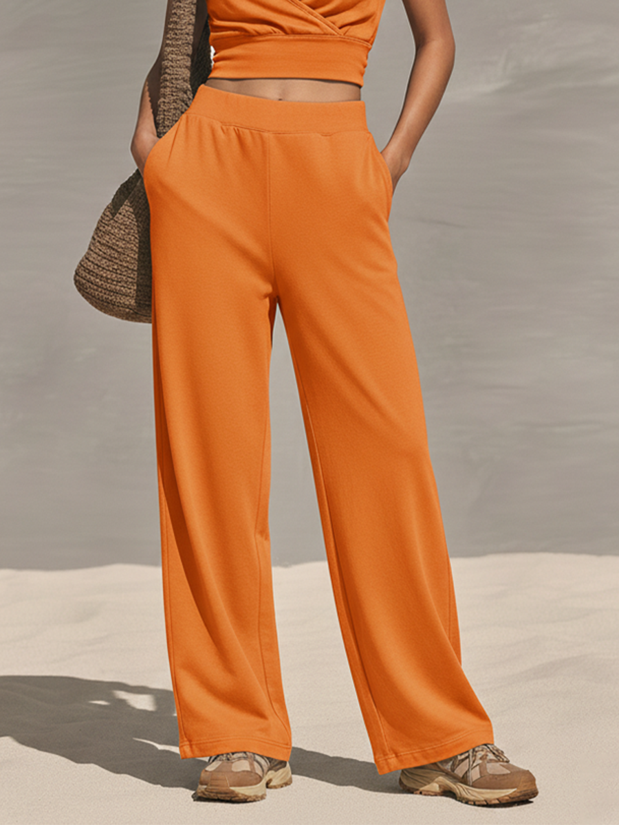 Women's Orange Jersey Two-Piece Set With Wrap Crop Top & Elastic Waist Pants, Timeless Athleisure-Chic Loungewear MDZ2303D9LYL