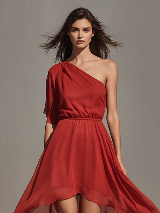 Women's Red Chiffon One-Shoulder Dress With Elastic Waist & High-Low Hem, Timeless Romantic-Chic Party Dress MDZ2339D6LYL