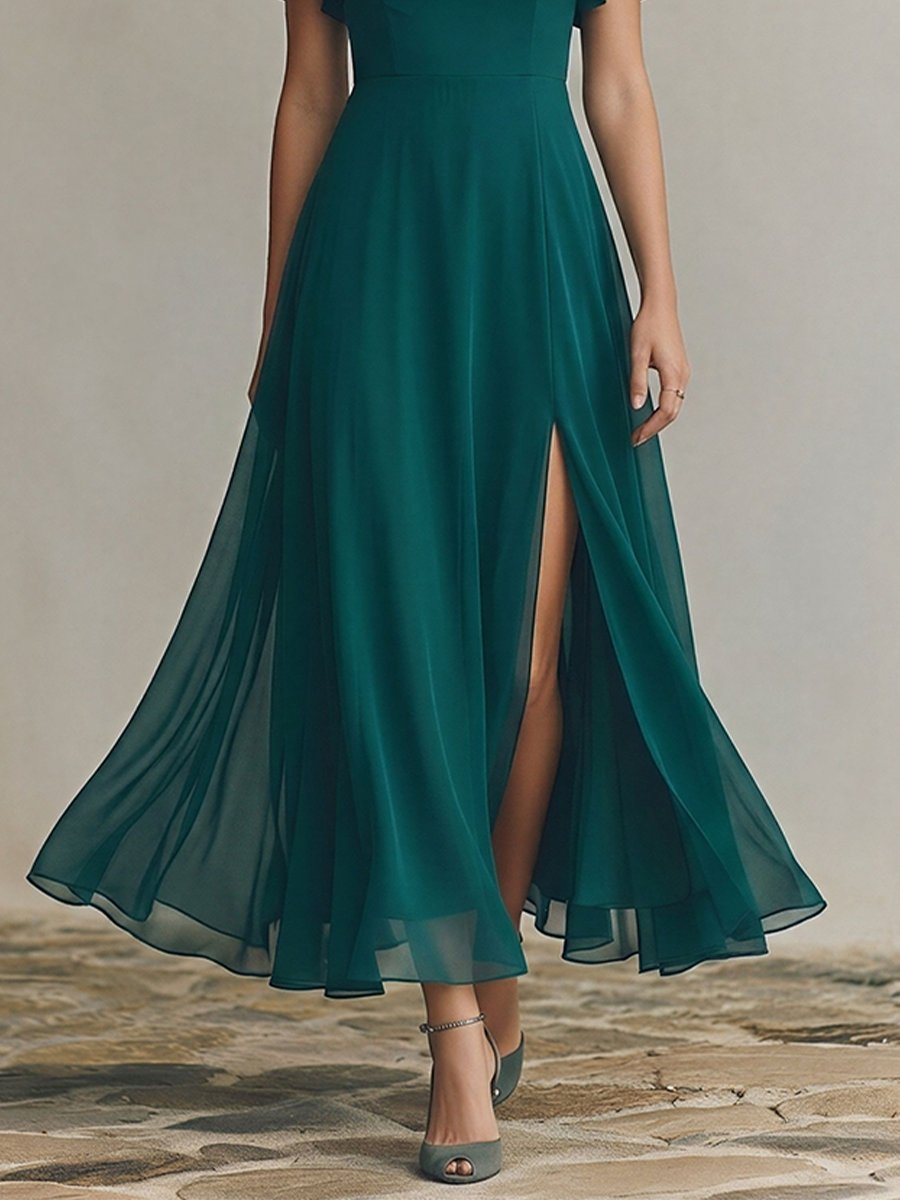 Women's Emerald Green Chiffon Maxi Dress With Square Neck & Flutter Sleeves, Timeless Formal Bridesmaid Gown MDZ2300D1LYL