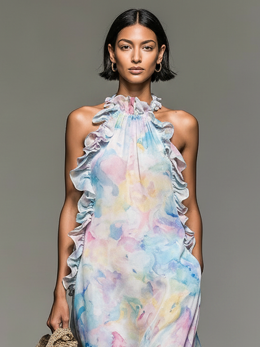 Women's Minimalist Sleeveless Ruffled Ombr¨¦ Watercolor Print Chiffon Maxi Dress MDZ2314D1Y