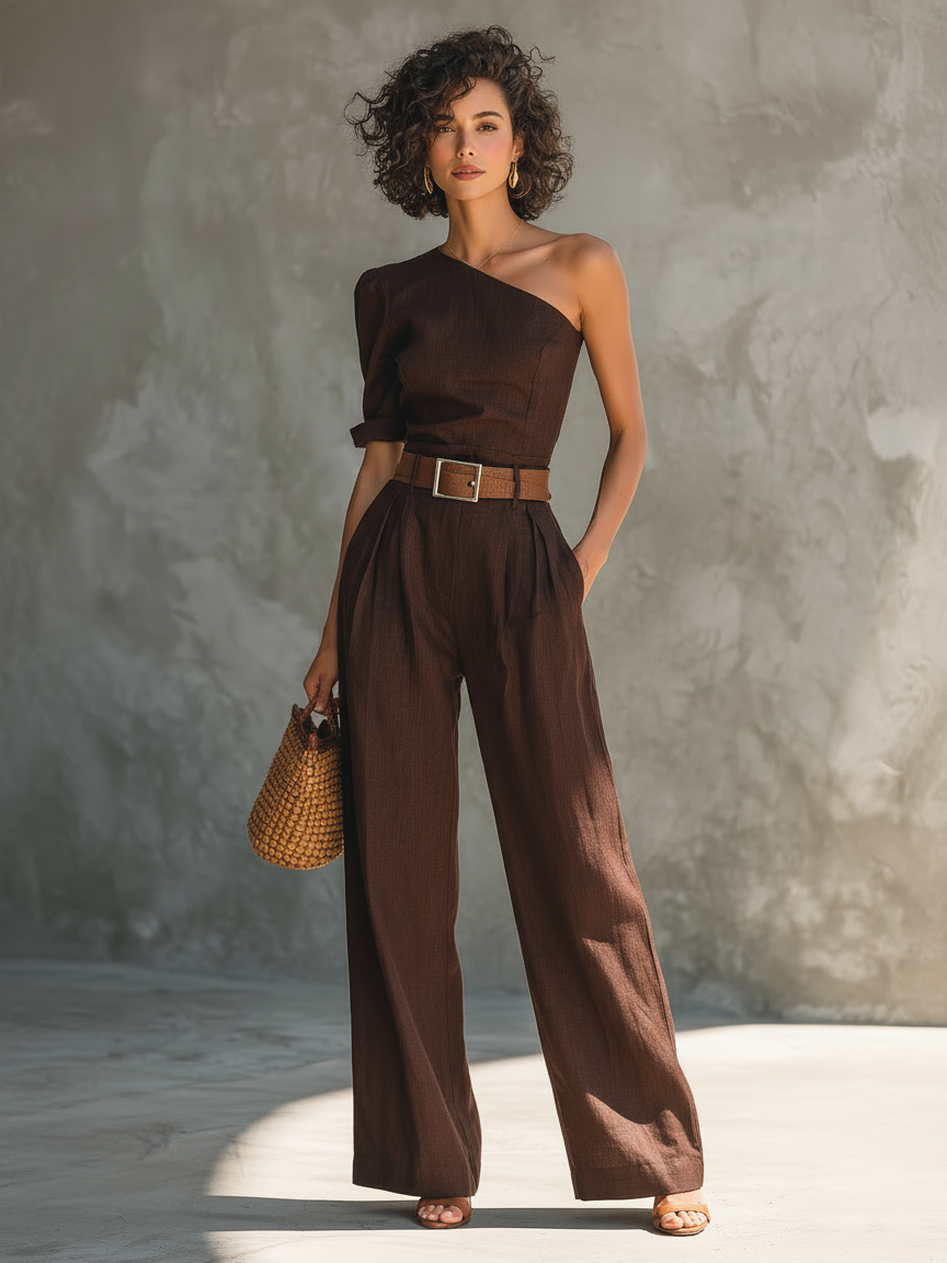 Women's Minimalist Linen-Blend Asymmetrical Off-Shoulder Short-Sleeve Wide-Leg Jumpsuit (Belt Not Included)MDZ2335D9Y