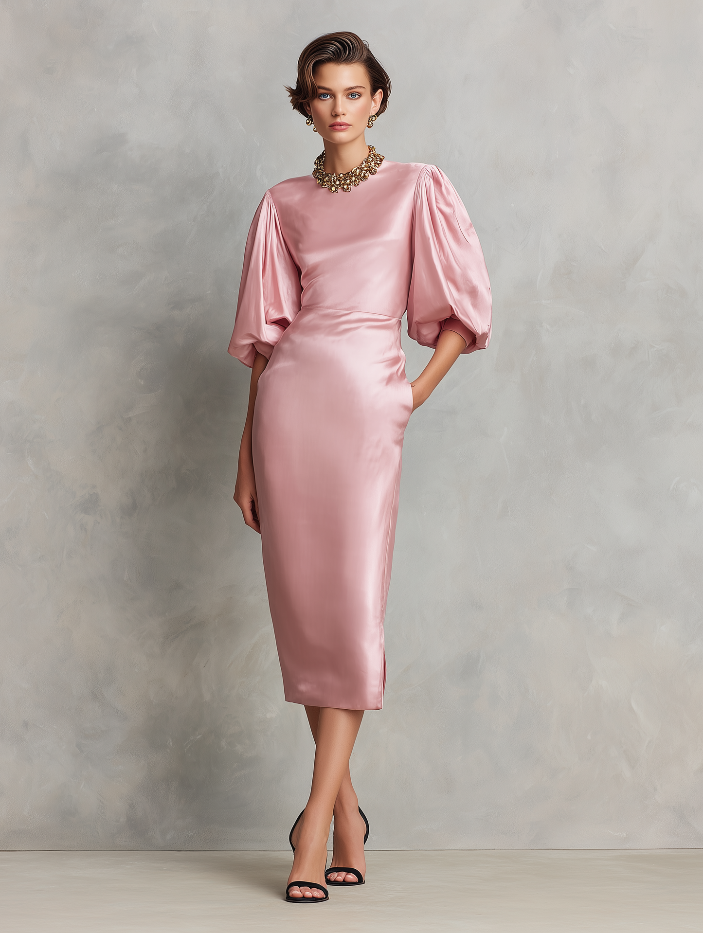 Women's Minimalist Faux-Acetate Midi Dress ¡ª Round Neck, Short Lantern Sleeves MDZ2321D2Y