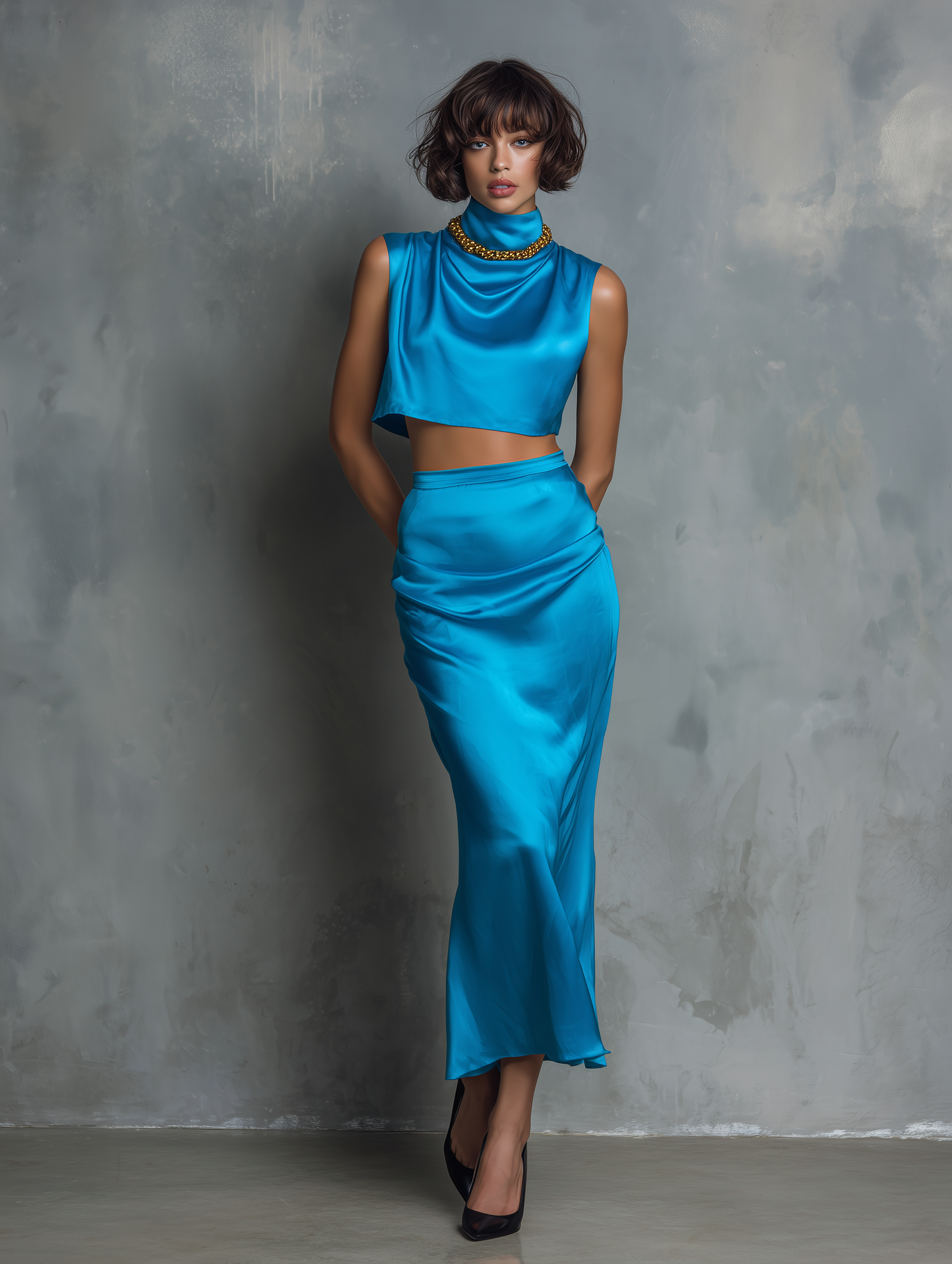 Women's Minimalist Satin Sleeveless Blouse & Straight Skirt Set MDZ2324D8Y